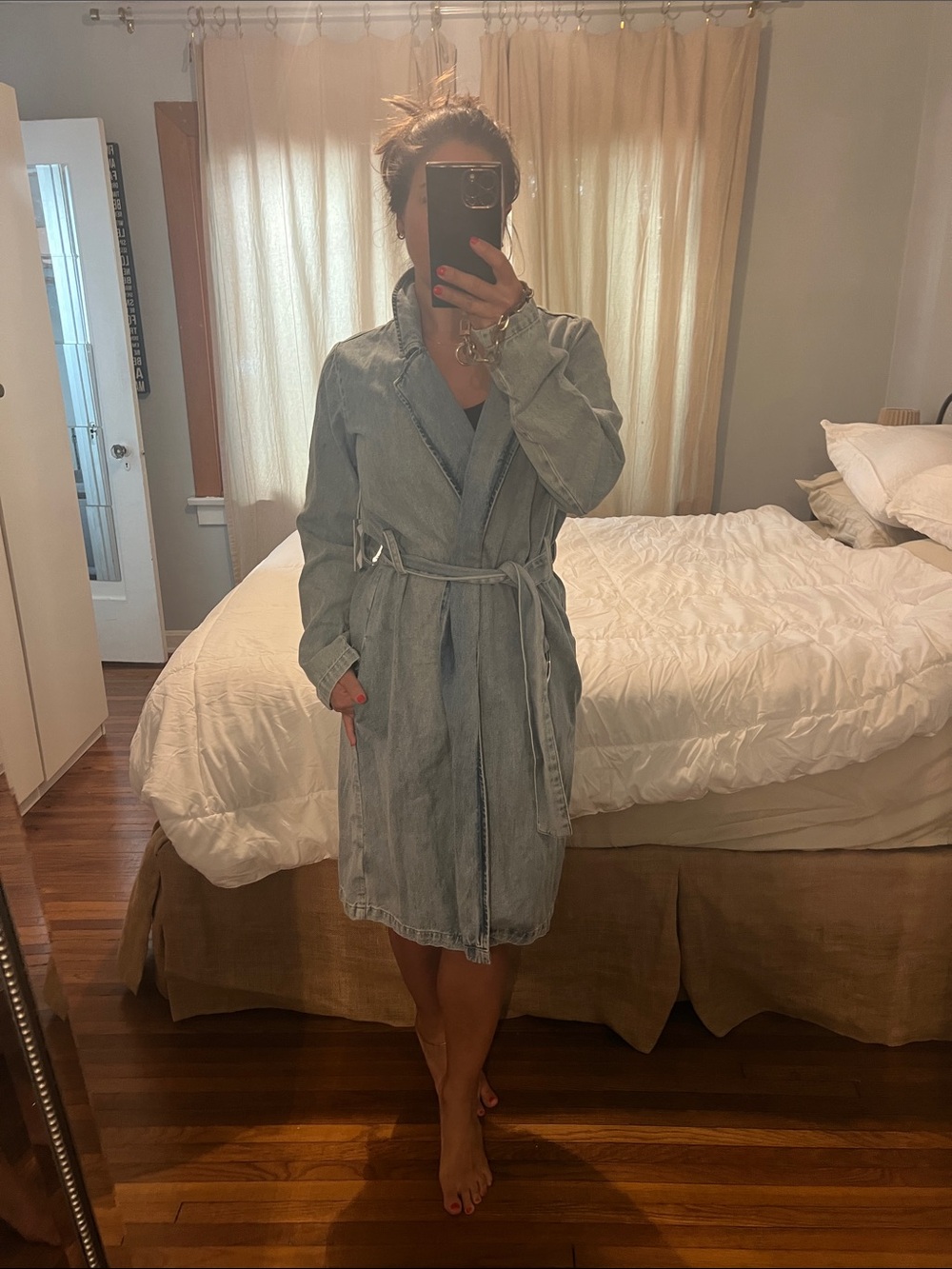 Good American Light Blue Denim Wrap Robe with Self-Tie Belt